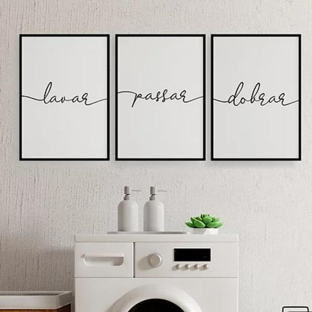 Kit 3 Quadros Lavar Passar Dobrar 45X34Cm Com Vidro Preta