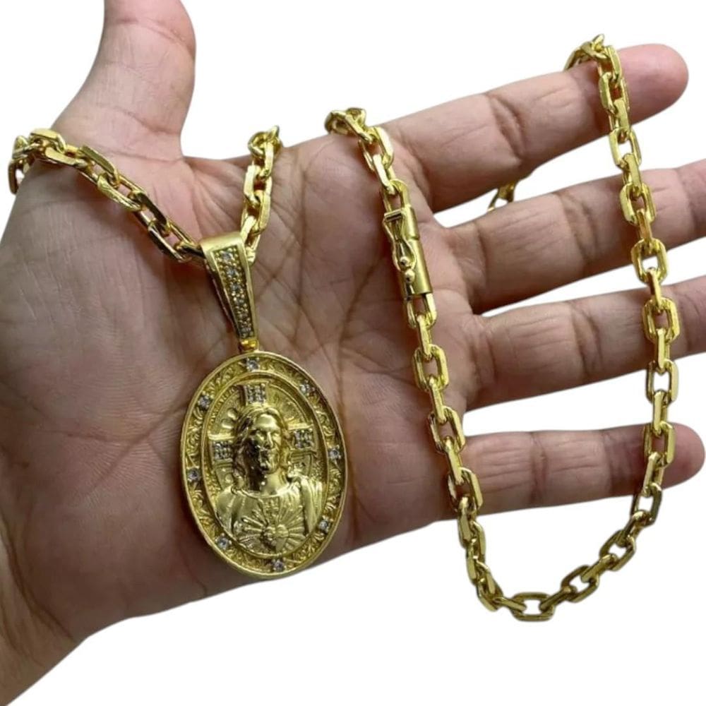 Cordão 6Mm Cadeado + Pingente Jesus Oval - Banhado A Ouro