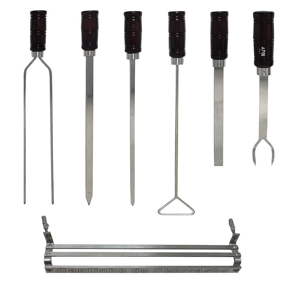 Kit Churrasco 7 Peças Espetos Garfo Batedor Suporte Mexedor