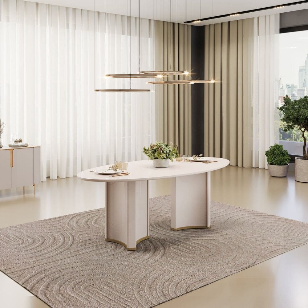 Mesa para Sala de Jantar 218cm com Tampo Elipse Orgânico com Vidro Liz Off White