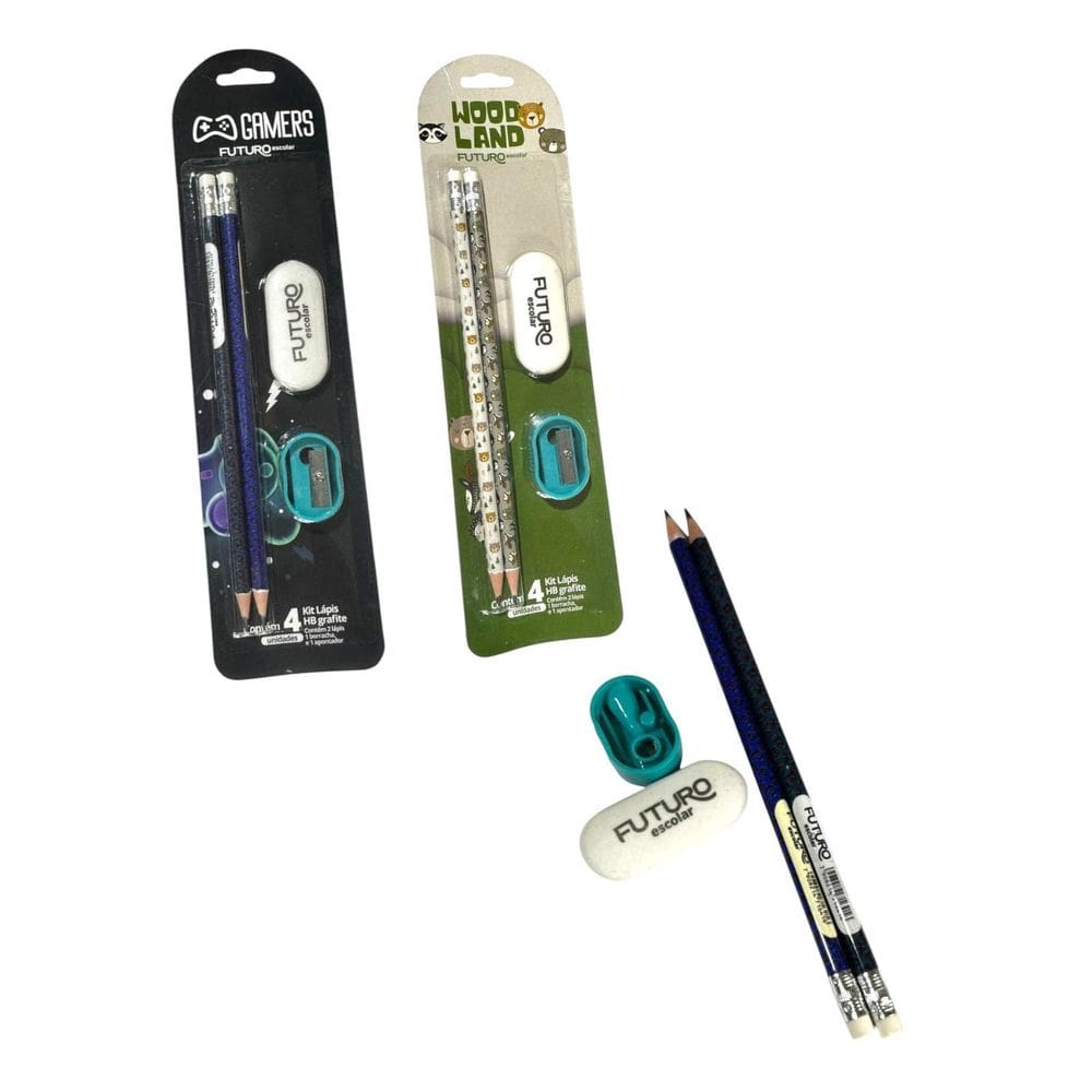 Kit Material Escola 6 Lápis Hb + 3 Borrachas + 3 Apontadores