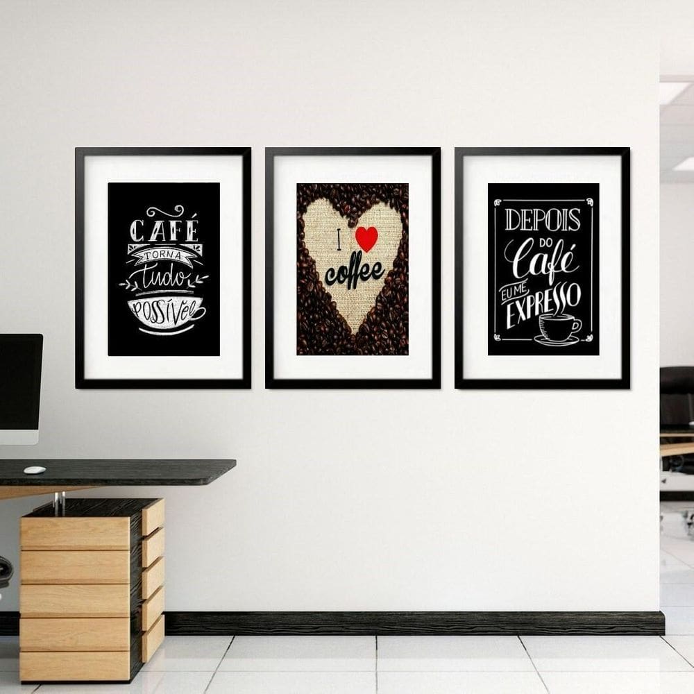 Kit 3 Quadros Grandes Frases Café 60X48Cm