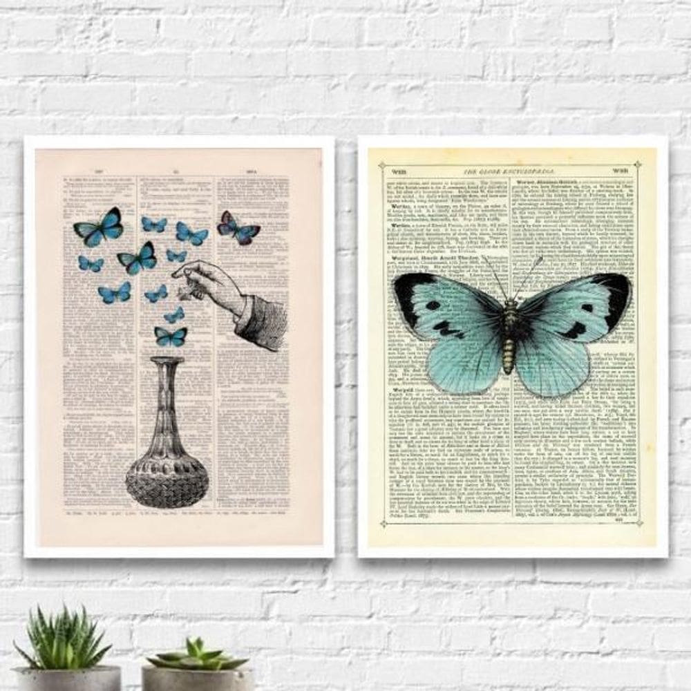 Kit 2 Quadros Poção De Borboletas 33X24Cm Madeira Branca