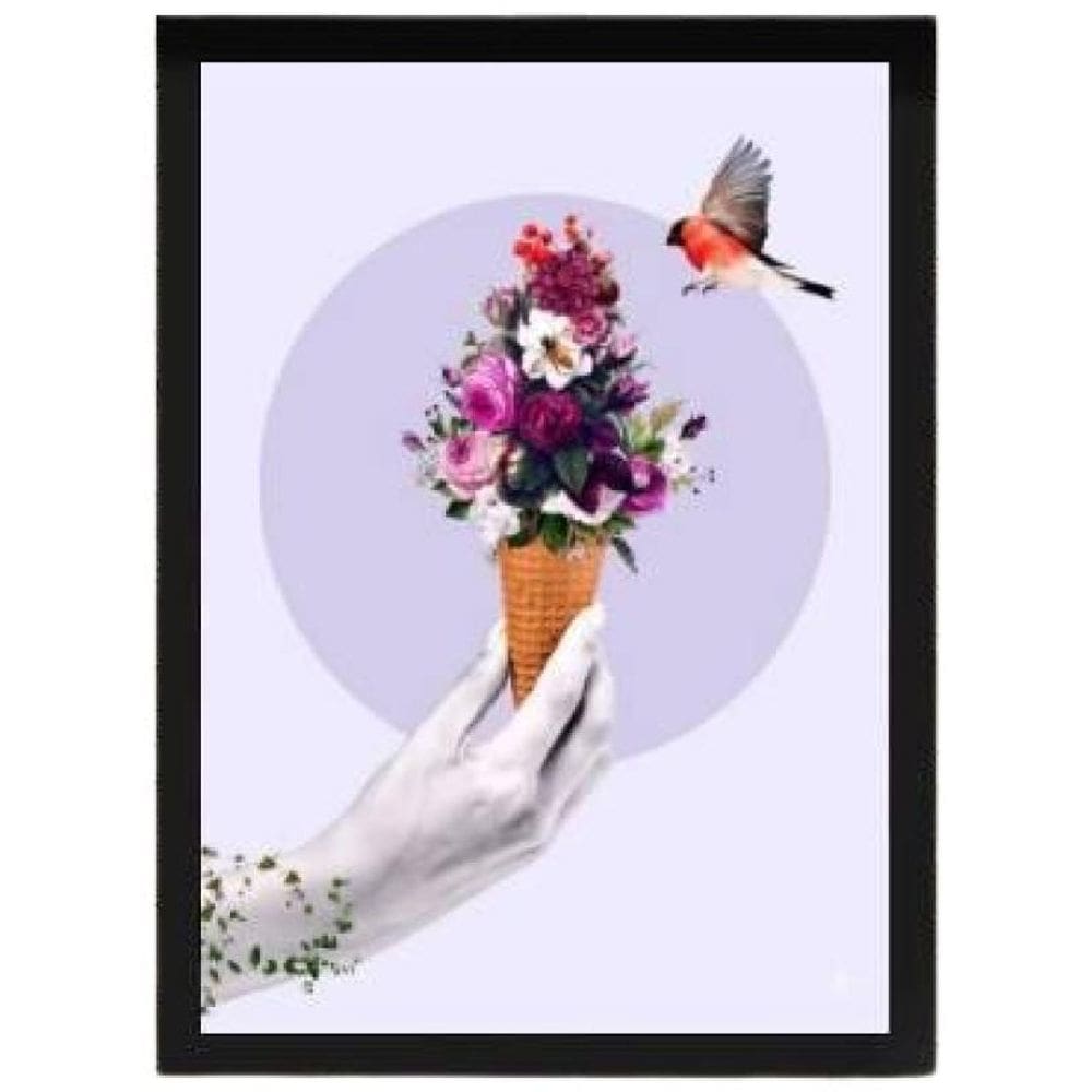Quadro Decorativo Sorvete Com Flores Com Vidro 24X18Cm