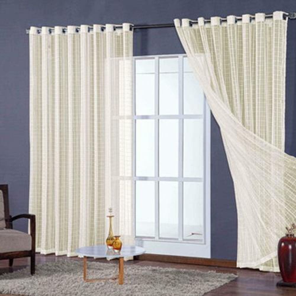Cortina Sala Quarto Voal Quadriculado Palha 2,00X1,80M