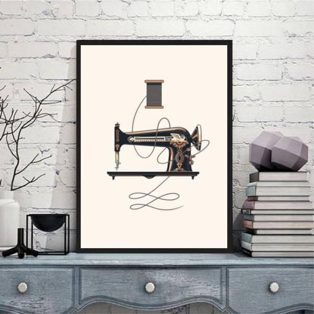 Quadro Máquina De Costura Antiga 24X18Cm Moldura Preta