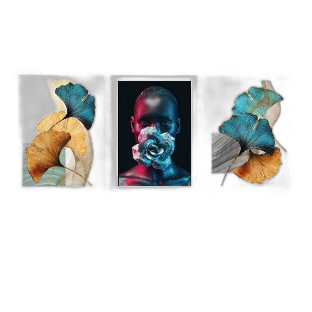 Kit 3 Quadros Mulher Com Flores Azuis 45X34Cm Madeira Branca