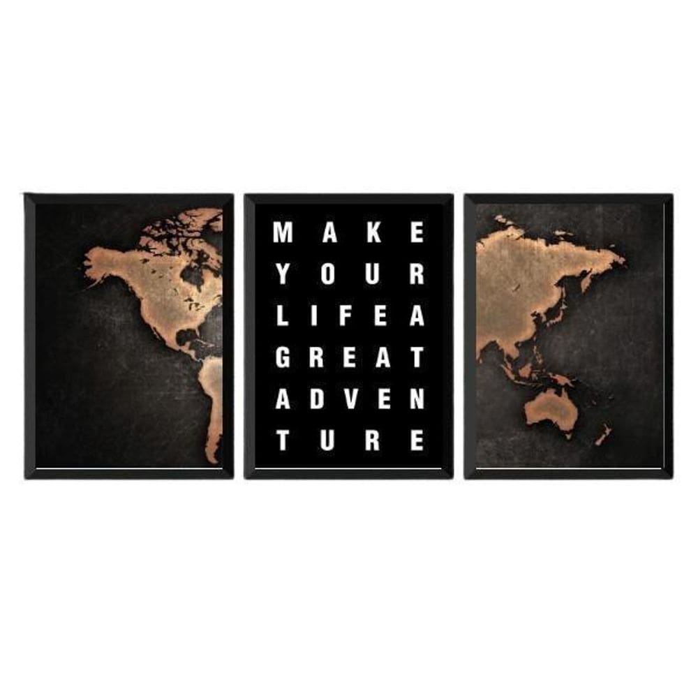 Kit 3 Quadros Mapa Adventure Life 33X24Cm - Com Vidro