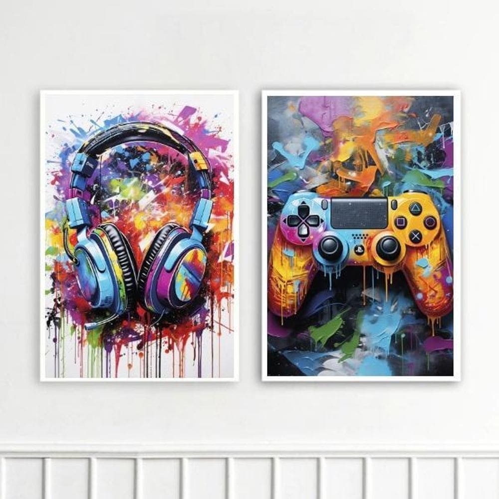 Kit 2 Quadros Controle Vídeo-Game E Fone Ouvido 33X24Cm