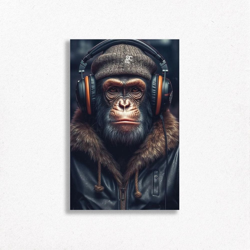 Quadro Decorativo Macaco Fone De Ouvido Gorro Jaqueta Gamer