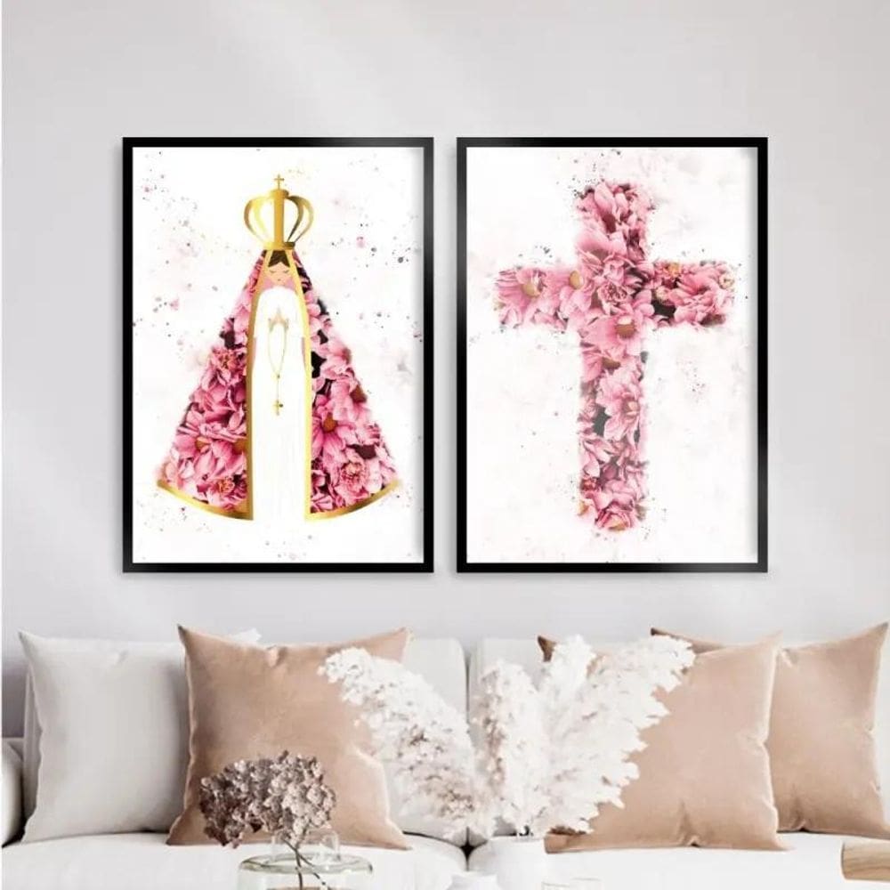 Kit 2 Quadros Nossa Senhora E Cruz Flores 33X24Cm Preta