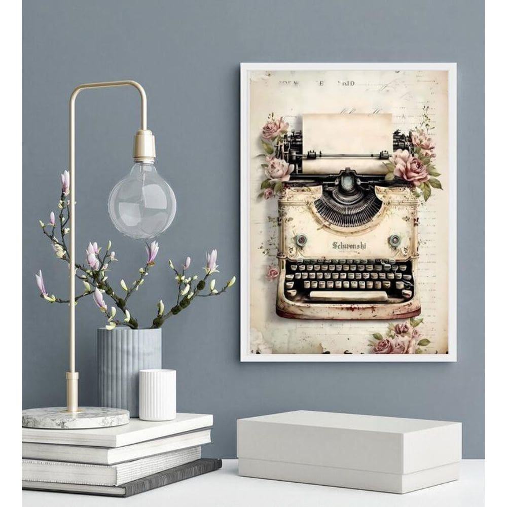 Quadro Decorativo Máquina De Escrever Flores 45X34Cm - Vidro