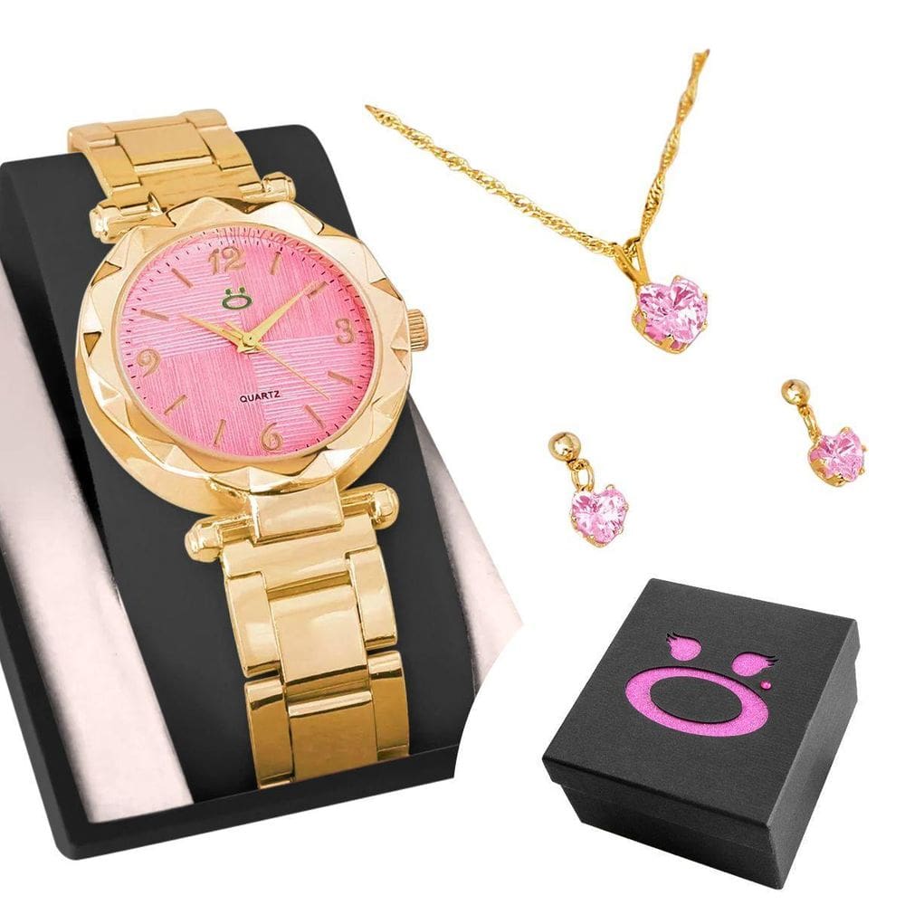Relogio Feminino Aço Rosa + Caixa + Colar Strass Presente