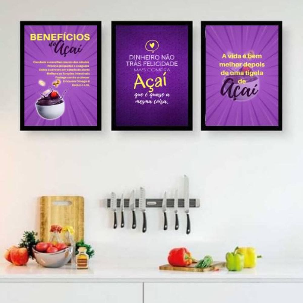 Kit 3 Quadros Decorativos Frases Açaí 45X34Cm - Preta