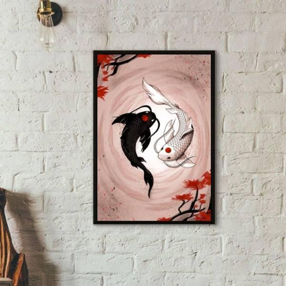 Quadro Decorativo Carpas Yin-Yang 45X34Cm Moldura Preta
