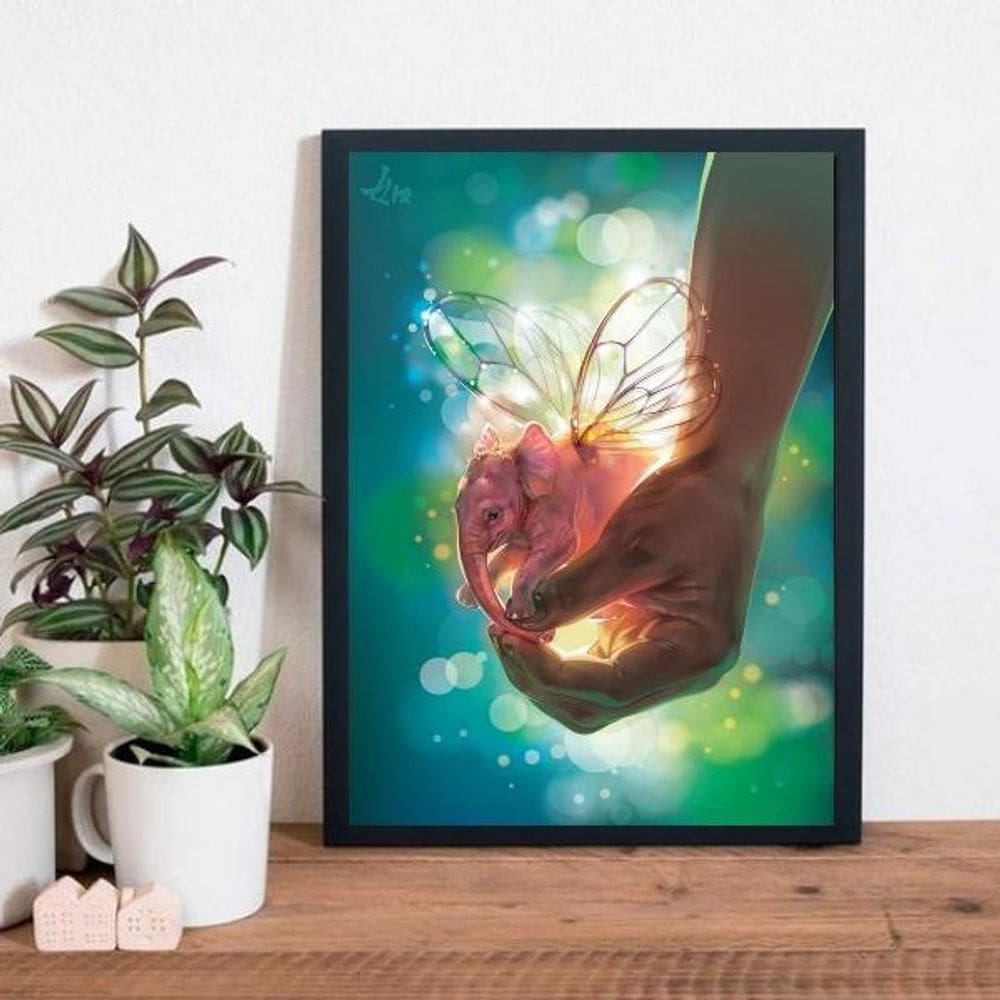 Quadro Elefante Com Asas De Borboleta 33X24Cm Madeira Preta