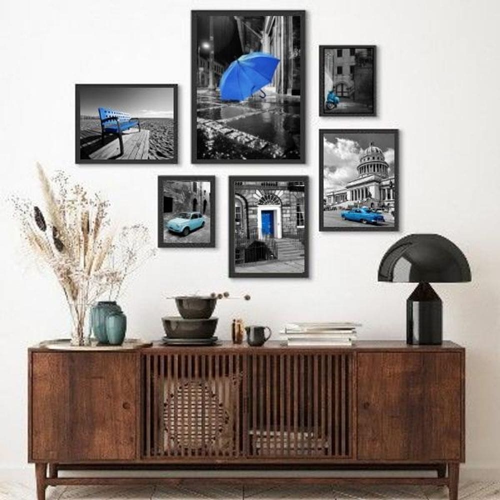 Kit 6 Quadros Fotos Detalhes Azuis - Moldura Madeira Branca