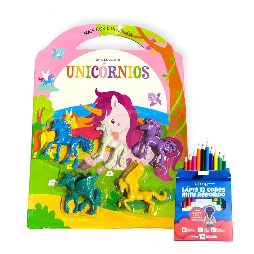 Kit Livro De Colorir + 5 Mini Unicórnios + 12 Lápis De Cor