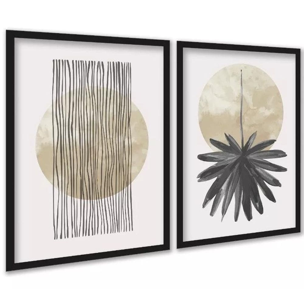 Kit 2 Quadros Neutros Bege Linhas Folha Aquarela 33X24Cm