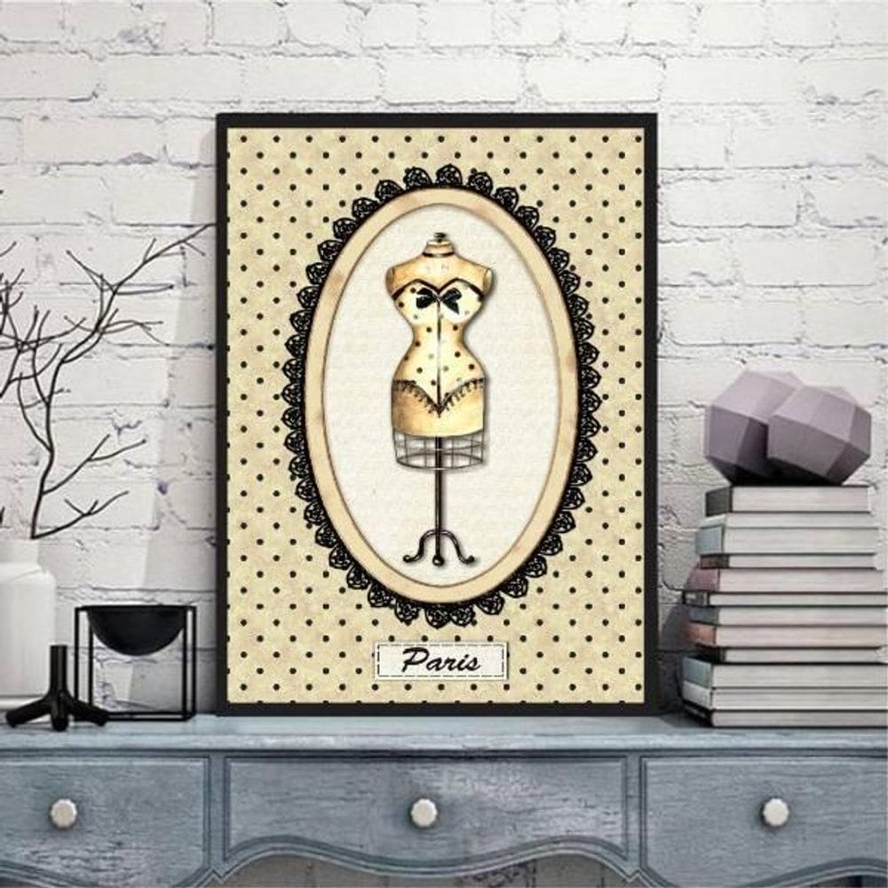 Quadro Manequim De Costura Paris 45X34Cm Vidro Moldura Preta