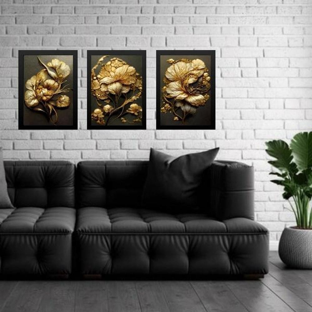 Kit 3 Quadros Gravuras Flores Douradas 33X24Cm