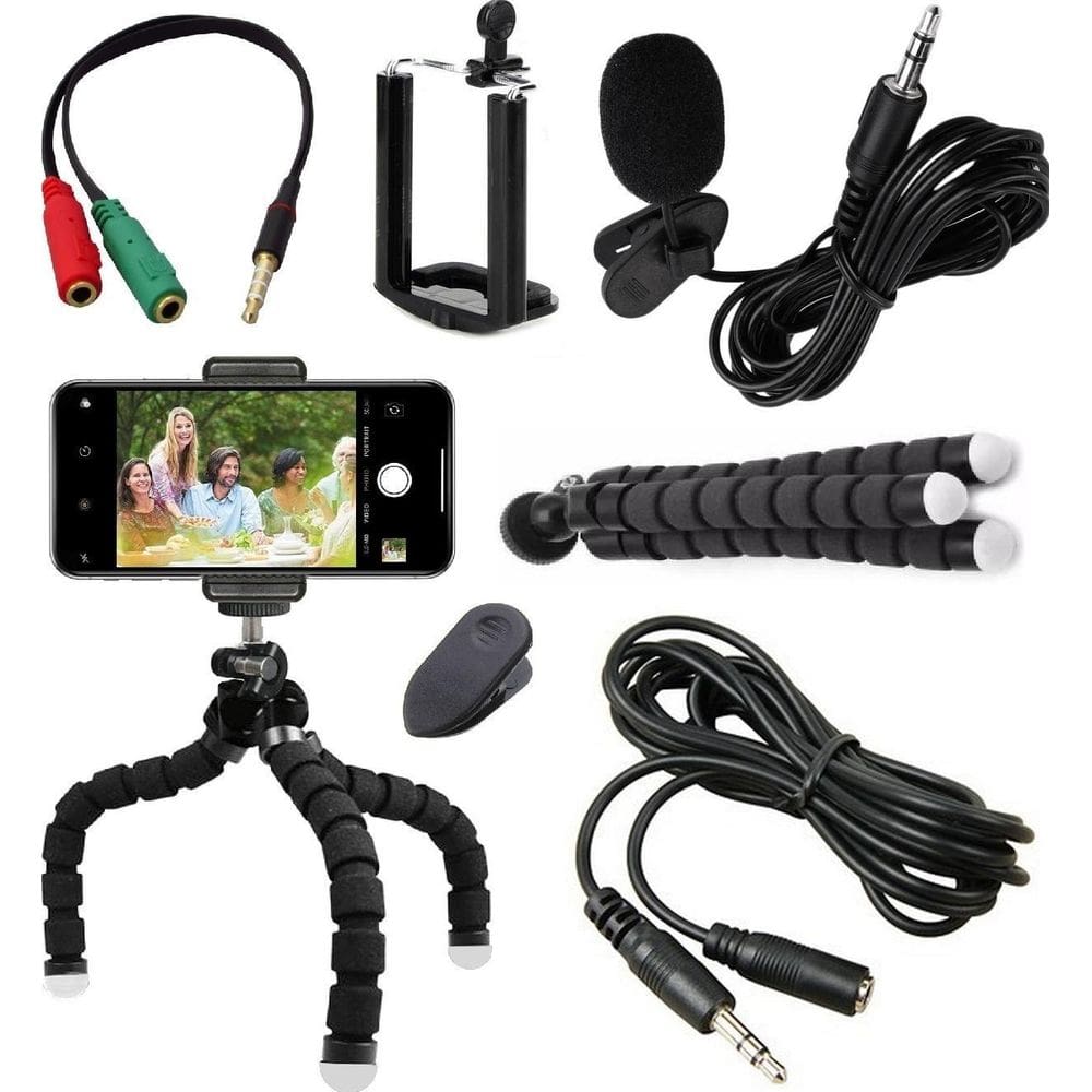 Kit Microfone Lapela Celular + Extensão Tripé Gravação Vídeo