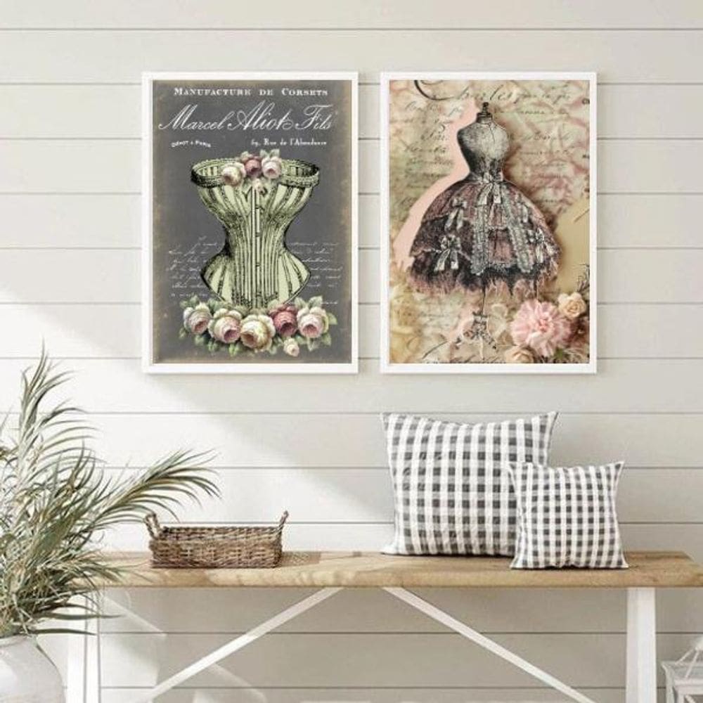 Kit 2 Quadros Vintage Moda- Vestido E Espartilho 33X24Cm