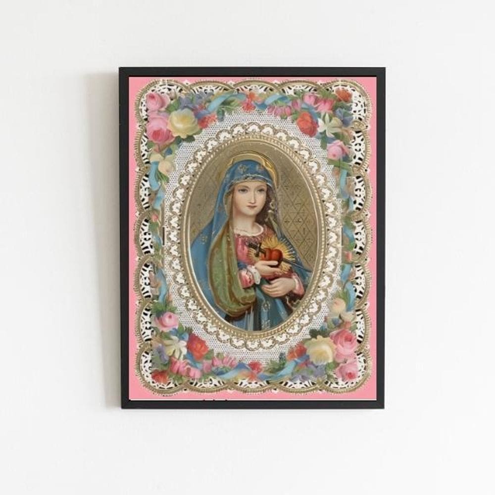 Quadro Sagrado Coração de Maria Floral Vintage 33x24cm Preta