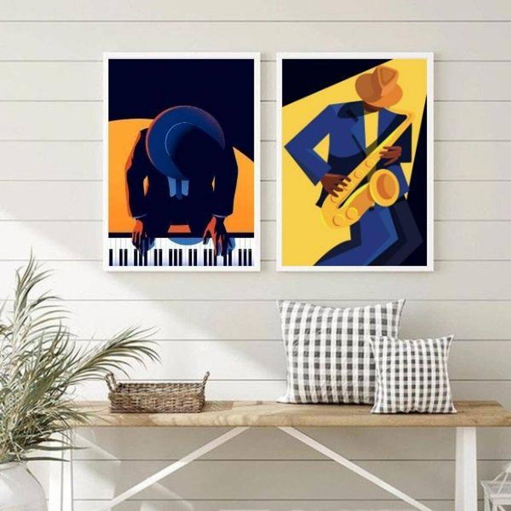 Kit 2 Quadros Musicos Sax e Piano 24x18cm - Madeira Preta