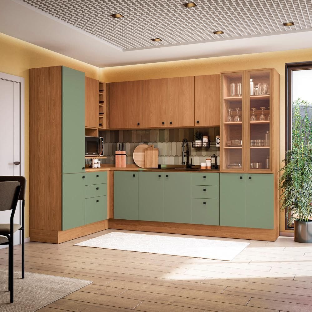 Cozinha Modulada Pixel Kappesberg 100% MDP Canela/Verde Frevo 456cm