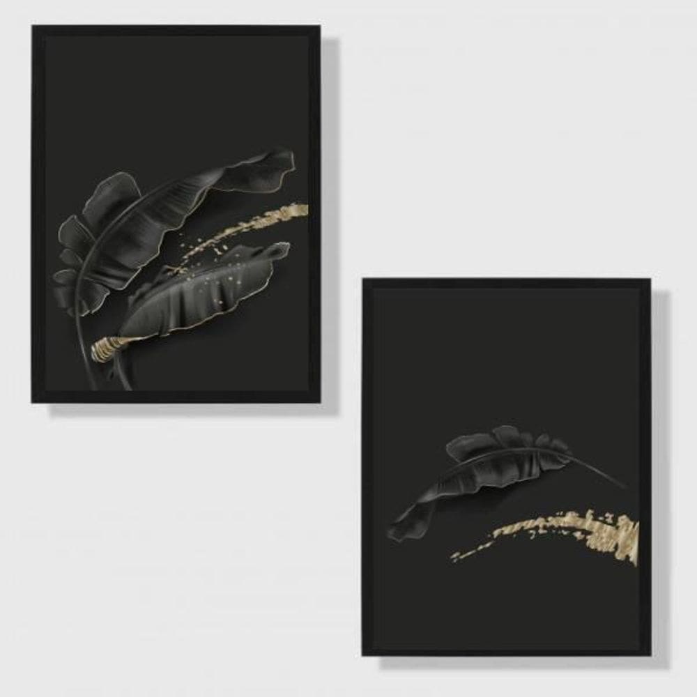 Kit 2 Quadros Folhas Pretas 24X18Cm