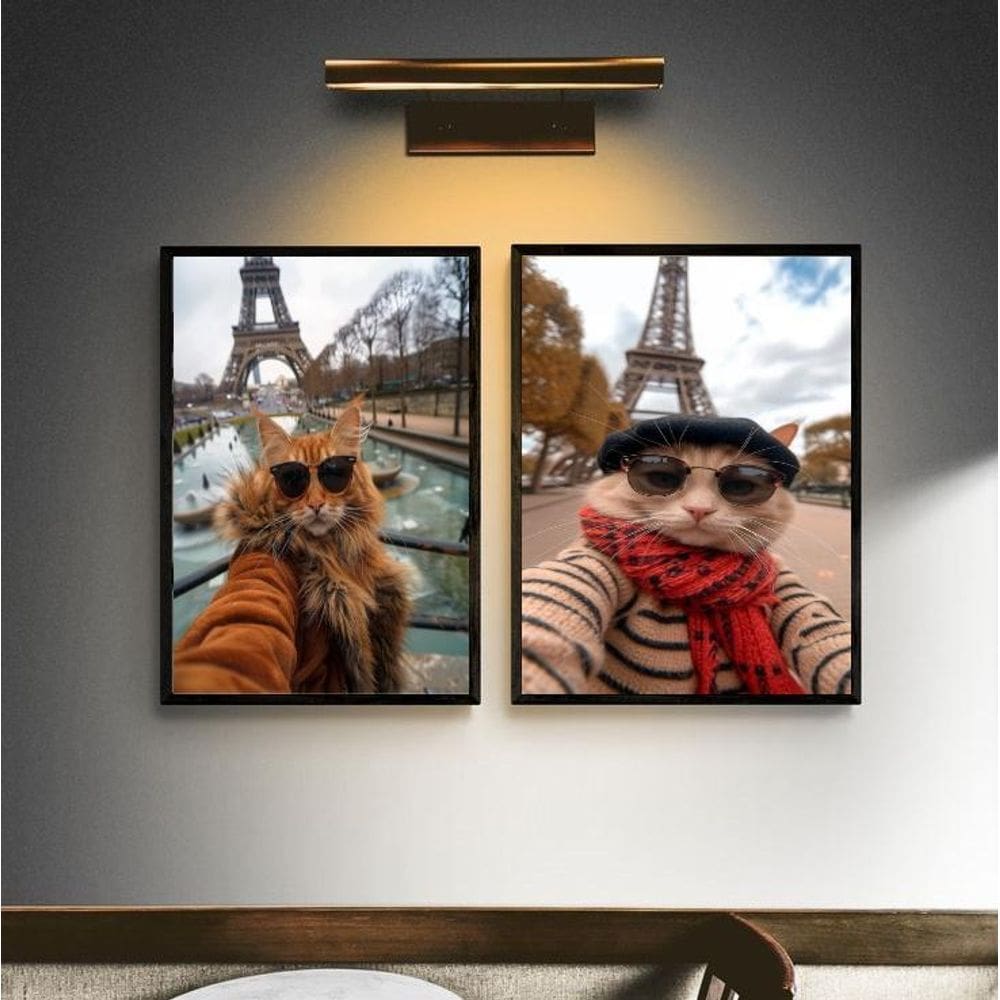 Kit 2 Quadros Casal De Gatos Em Paris 33X24Cm