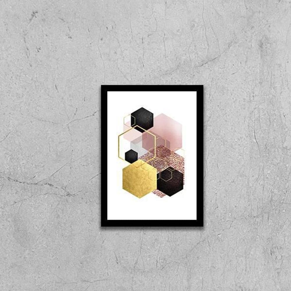 Quadro Geométrico Hexágonos Preto E Dourado 24X18Cm