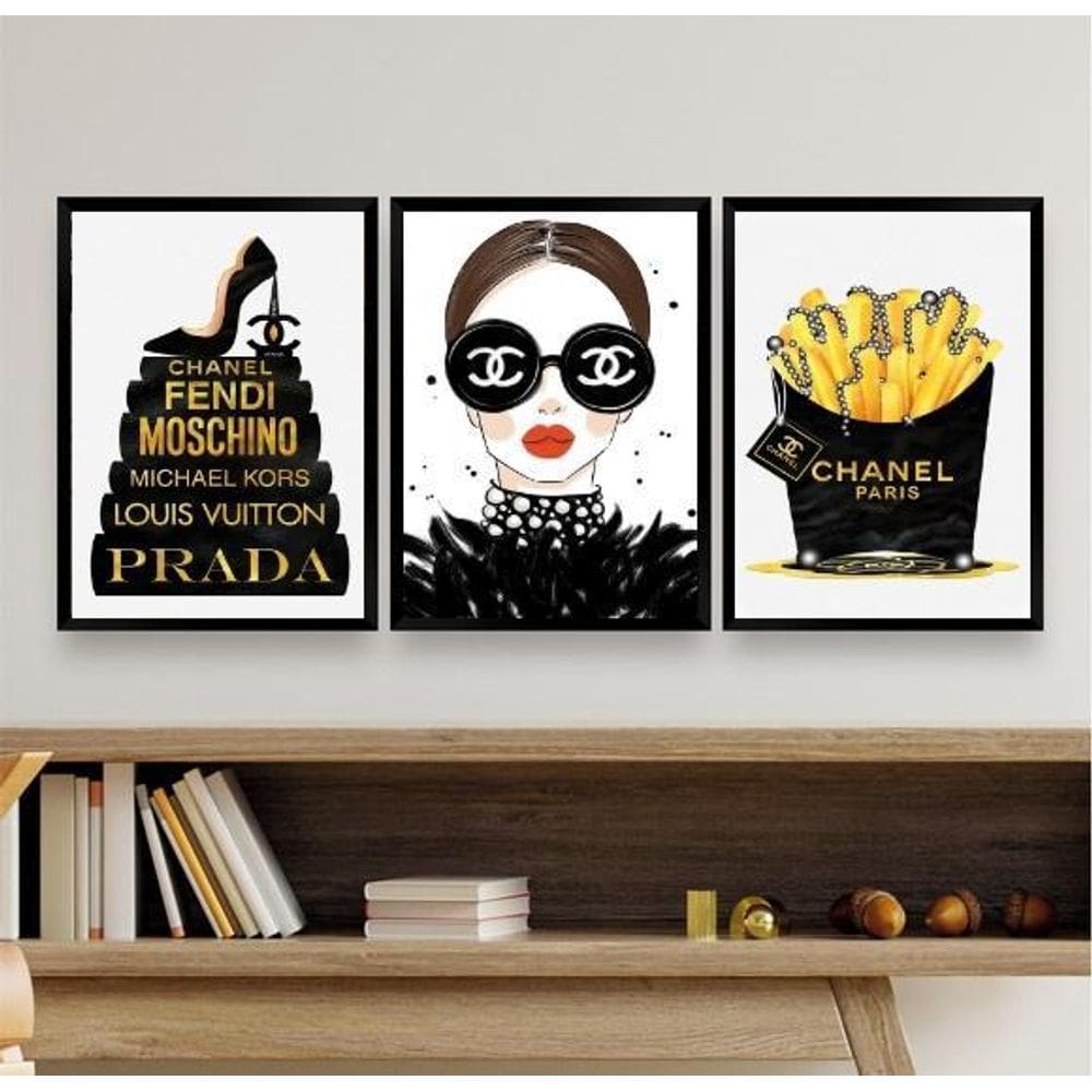 Kit 3 Quadros Fashion Mulher Livros 45x34cm - Madeira Branca