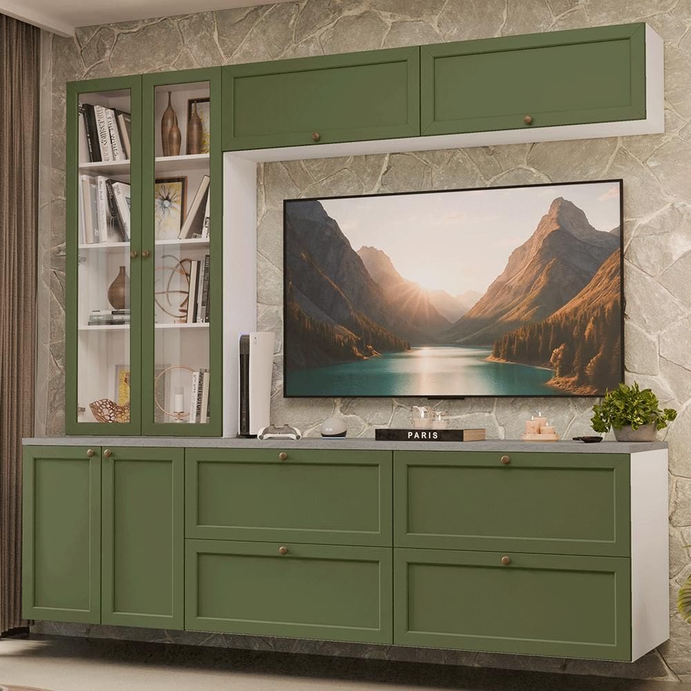 Estante Sala de Estar com Rack + Cristaleira 230cm Branco/Verde Vik Madesa 01