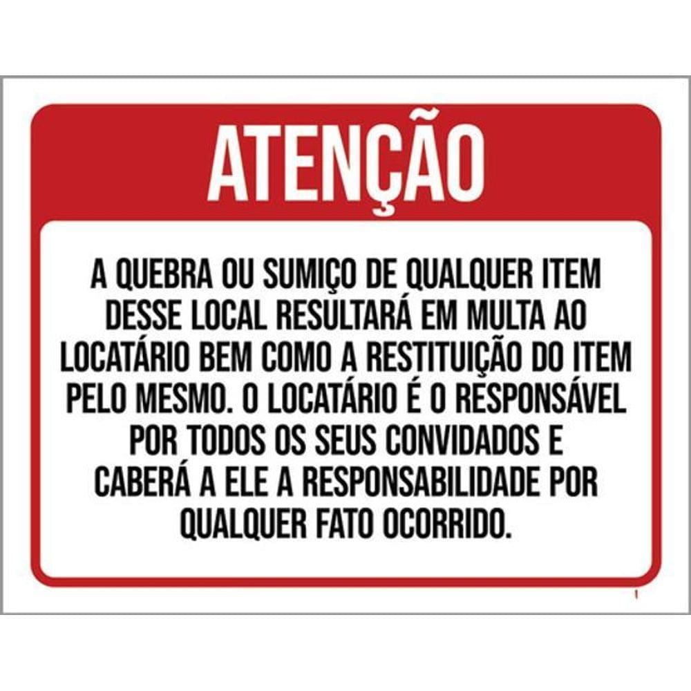 Kit 3 Placas Atenção Quebra Sumiço Multa Locatário