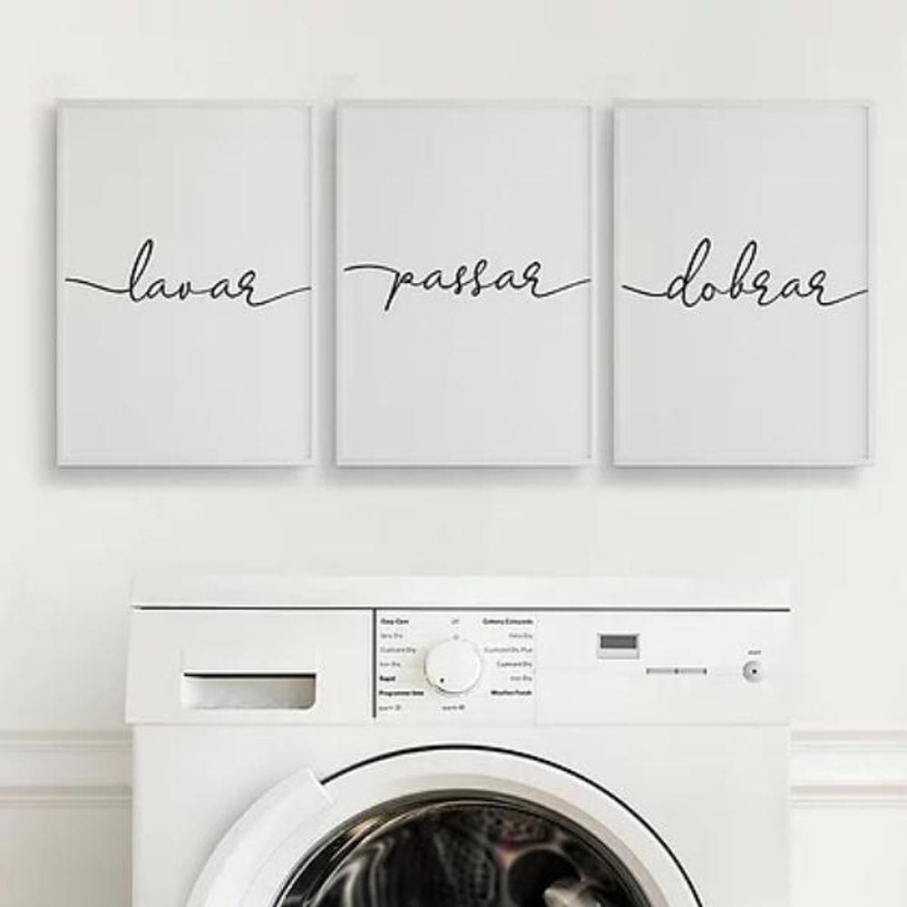 Kit 3 Quadros Lavar Passar Dobrar 33X24Cm Com Vidro Branca