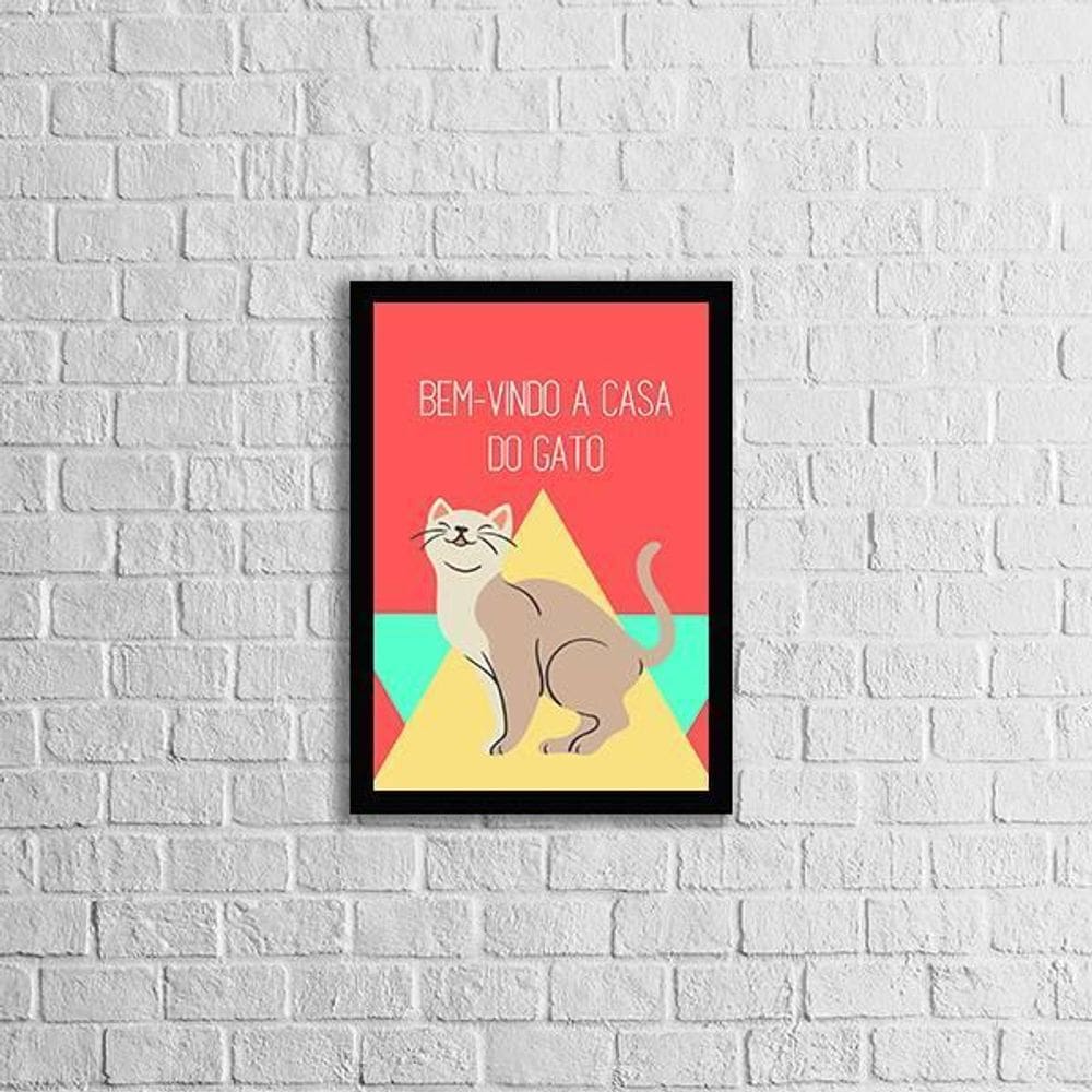 Quadro Bem Vindo A Casa Do Gato 45X34Cm Com Vidro Preta