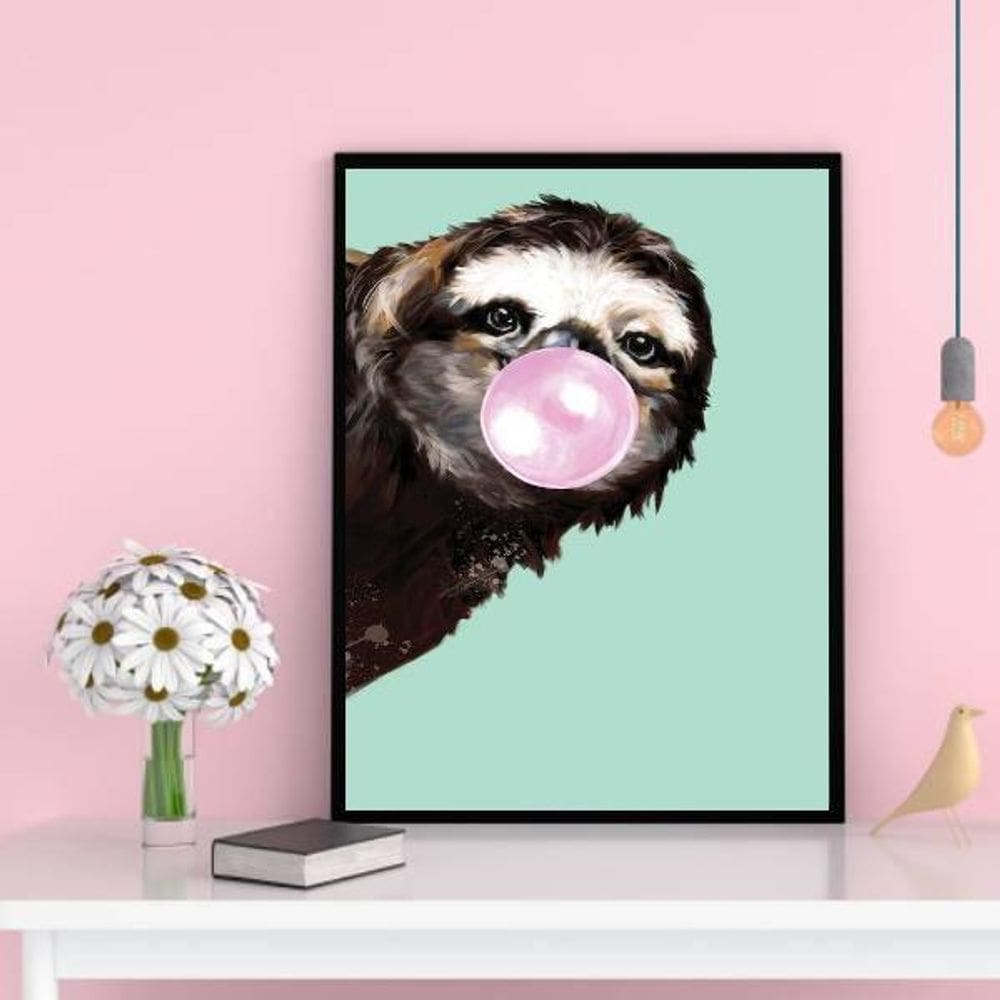 Quadro Bicho Preguiça Bubble Gum 33X24 C/Vidro Madeira Preta
