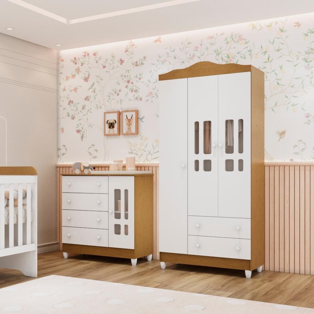 Quarto de Bebê Cômoda Infantil com Fraldário Guarda Roupa 3 Portas Branco com Bétula Carolina Baby