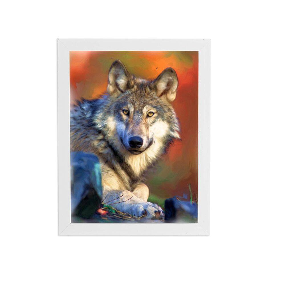 Lobo Animais Fotografia Arte Quadro Moldura Branca 60X40Cm