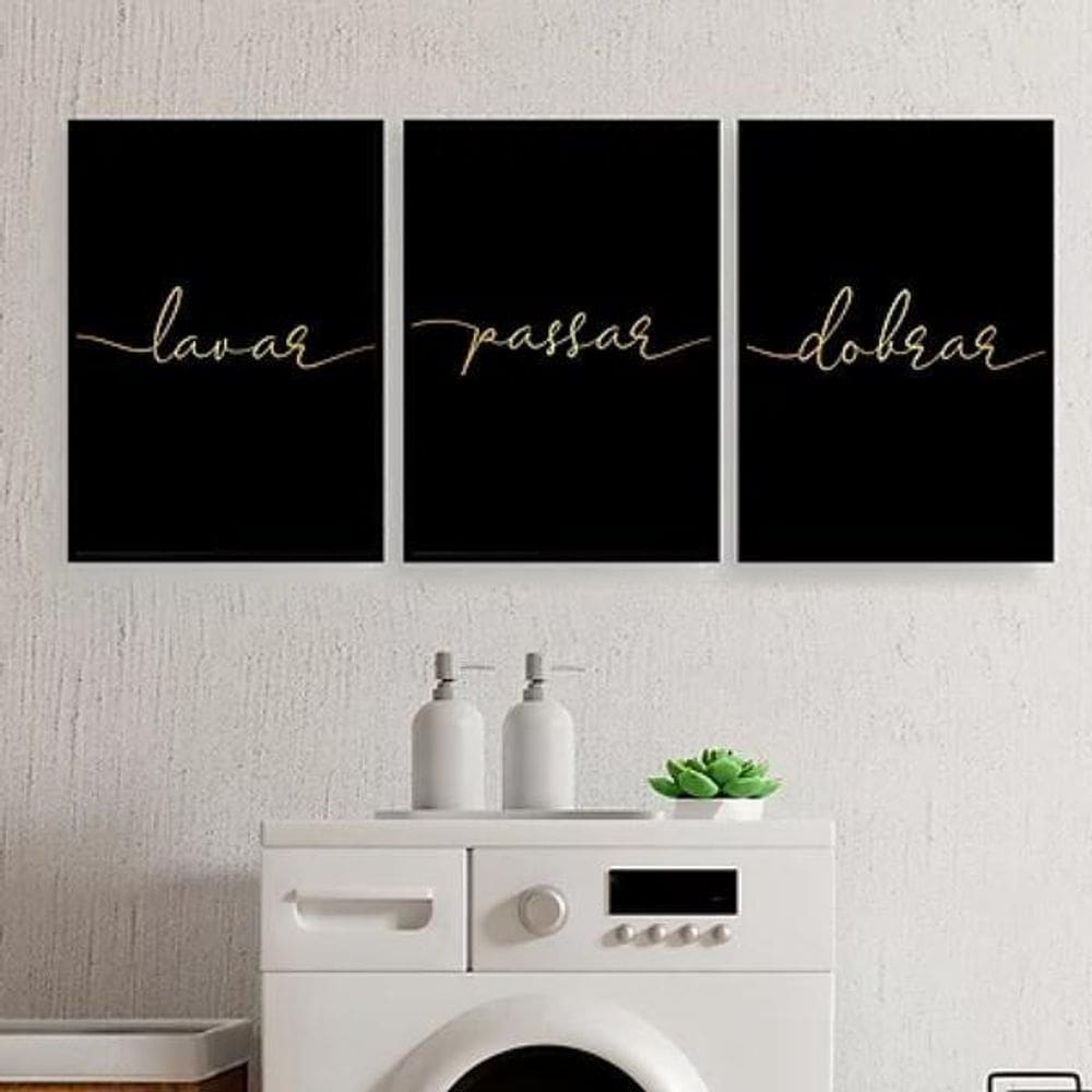 Kit 3 Quadros Lavar Passar Dobrar 24X18Cm Com Vidro - Preta
