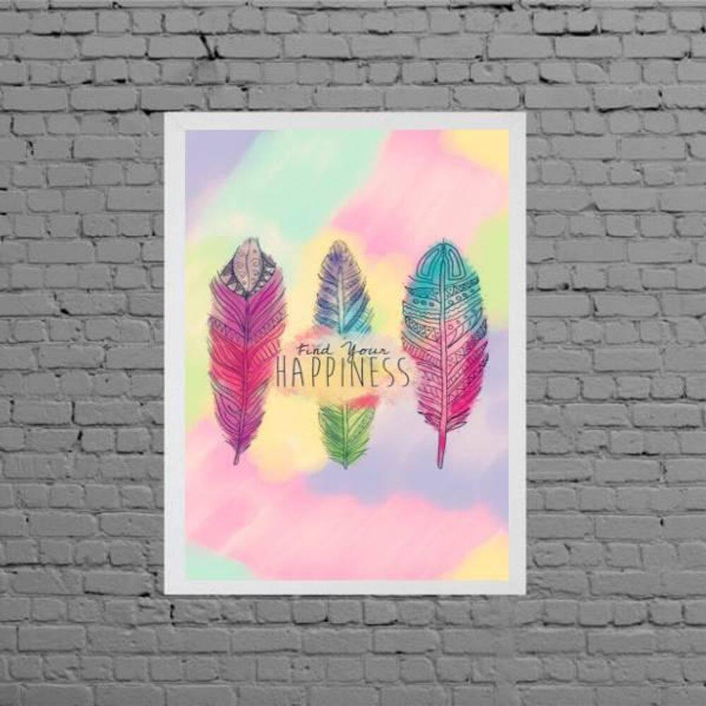 Quadro Penas Find Your Hapiness 24X18Cm Moldura Branca