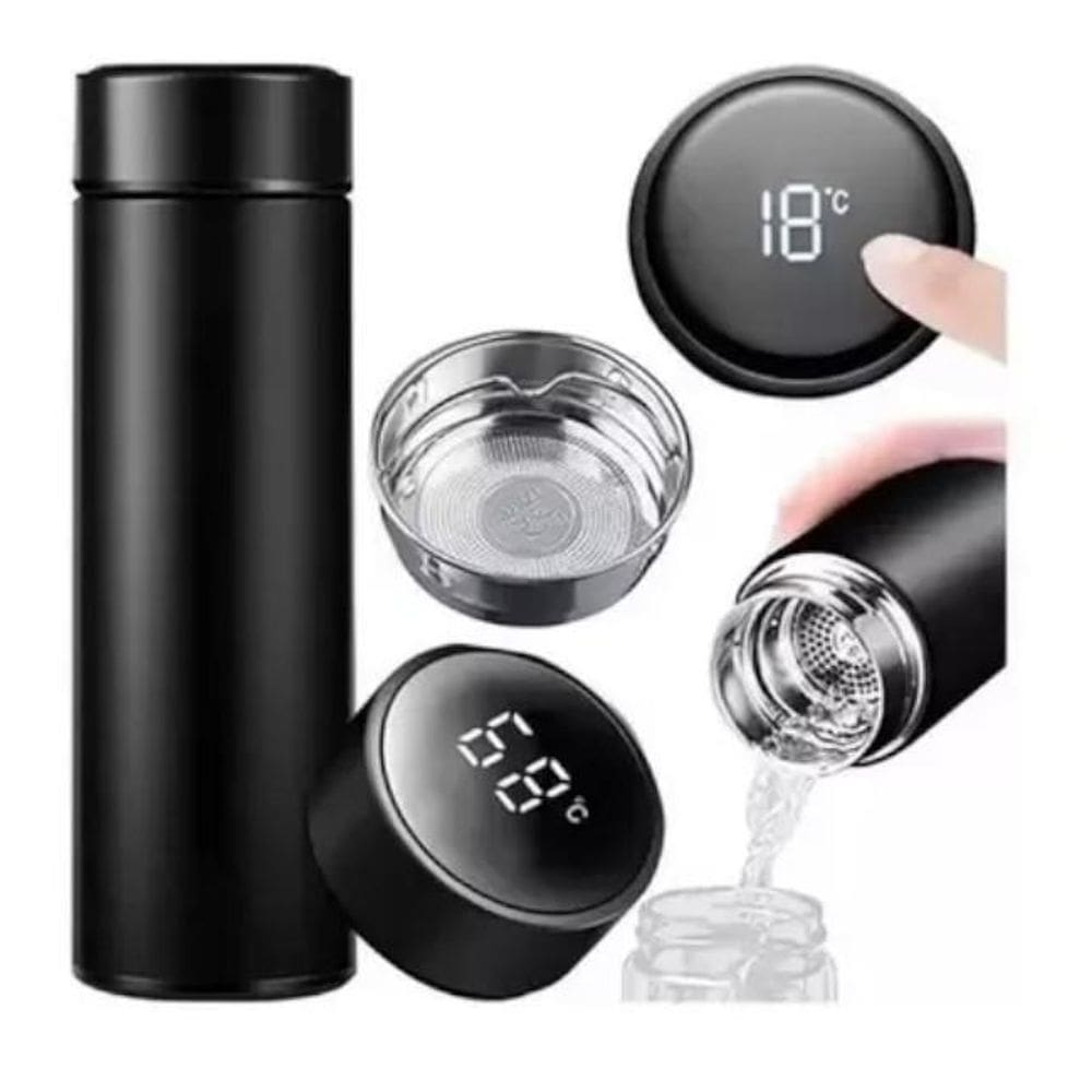 Garrafa Térmica Squeeze Medidor Temperatura 500Ml Inox Preto