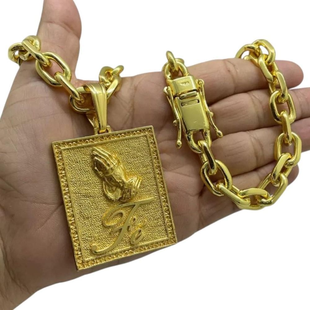 Cordão 14Mm Cadeado + Pingente Fé - Banhado A Ouro 18K