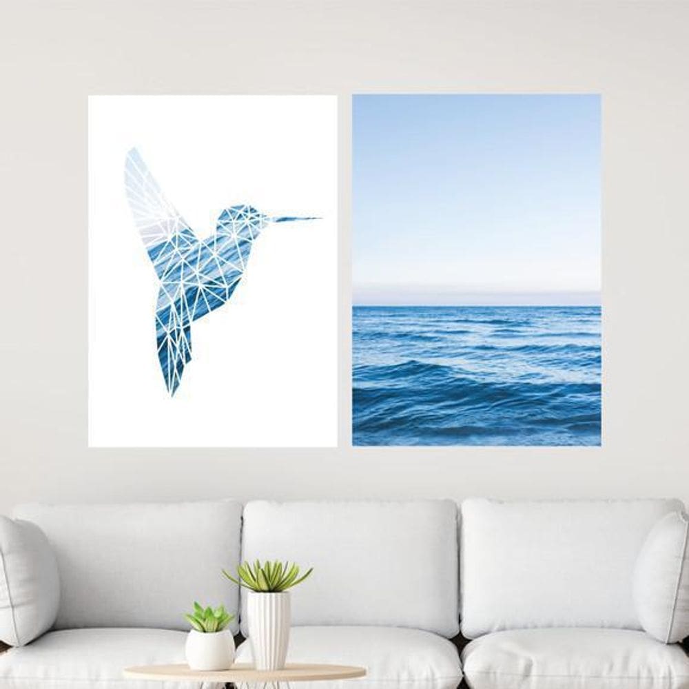 Kit 2 Quadros Beija-Flor Com Mar 24X18Cm Moldura Branca