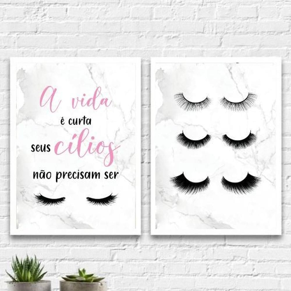 Kit 2 Quadros Vida Curta Cílios Não 33X24 Com Vidro - Branca