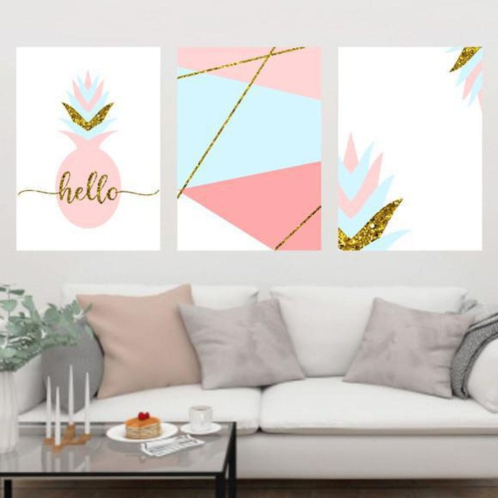 Kit Quadro Decorativo Abacaxi Rosa E Azul 45x34cm 3 Peças