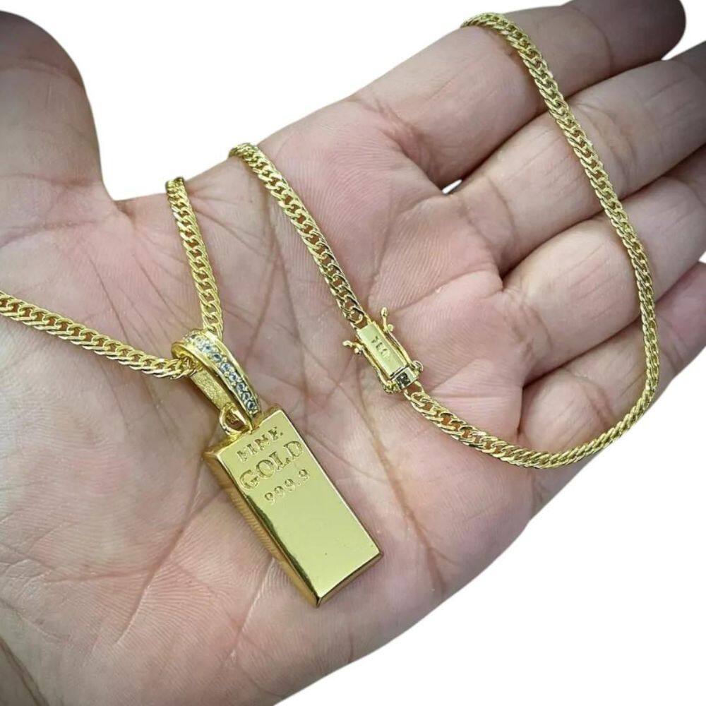 Cordão 3Mm Grumet + Pingente Barra Ouro - Banhado A Ouro 18K
