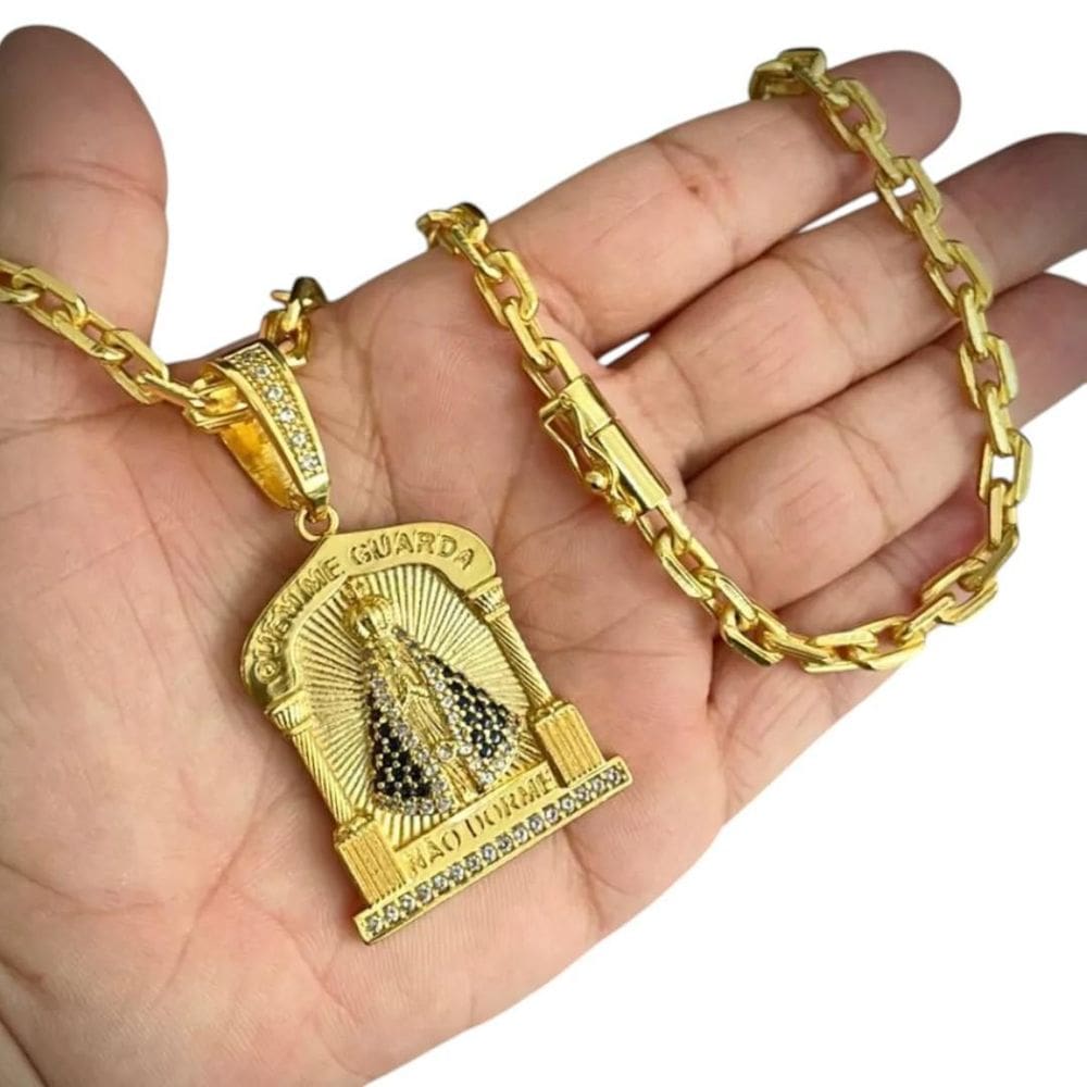 Cordão 6Mm Cadeado + Pingente Nossa Senhora - Banhado A Ouro